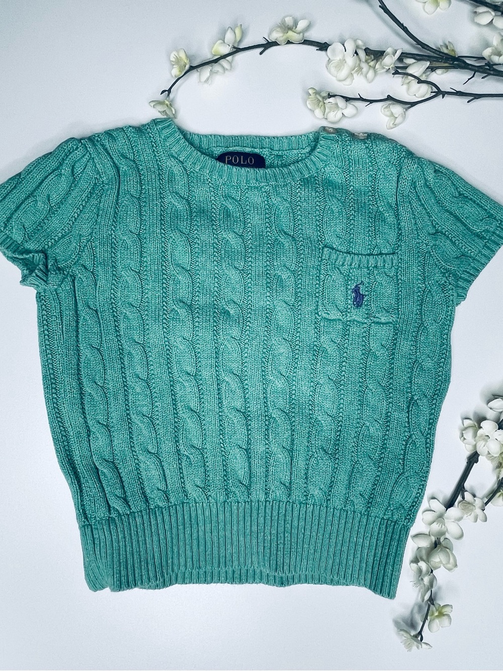 Ralph Lauren Teal Cable Knit Short Sleeve Sweater